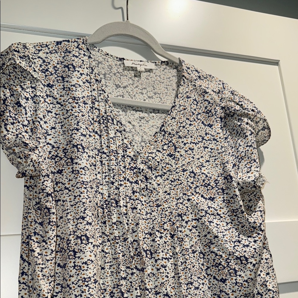Elegant Blue and White Ruffled Blouse